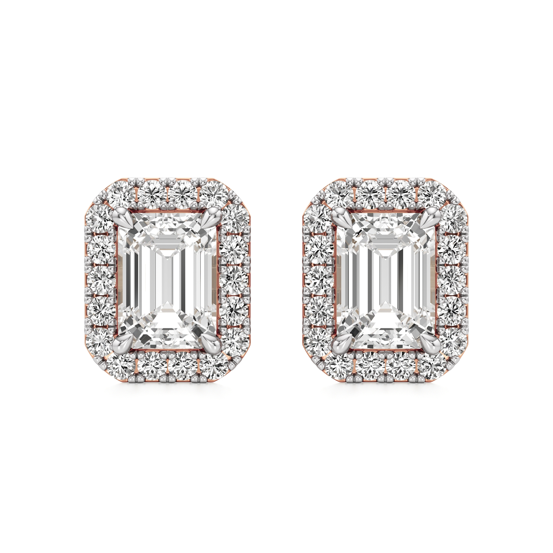 14k Rose Gold Emerald Halo Diamond Stud Earrings