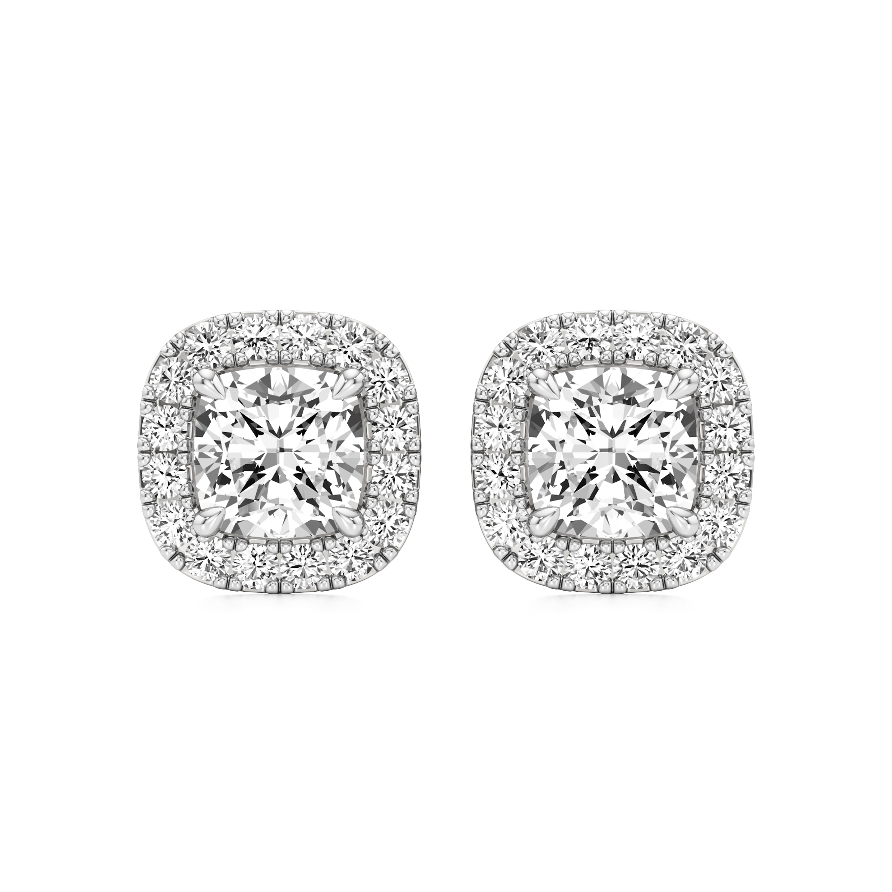 14k White Gold Cushion Halo Diamond Stud Earrings