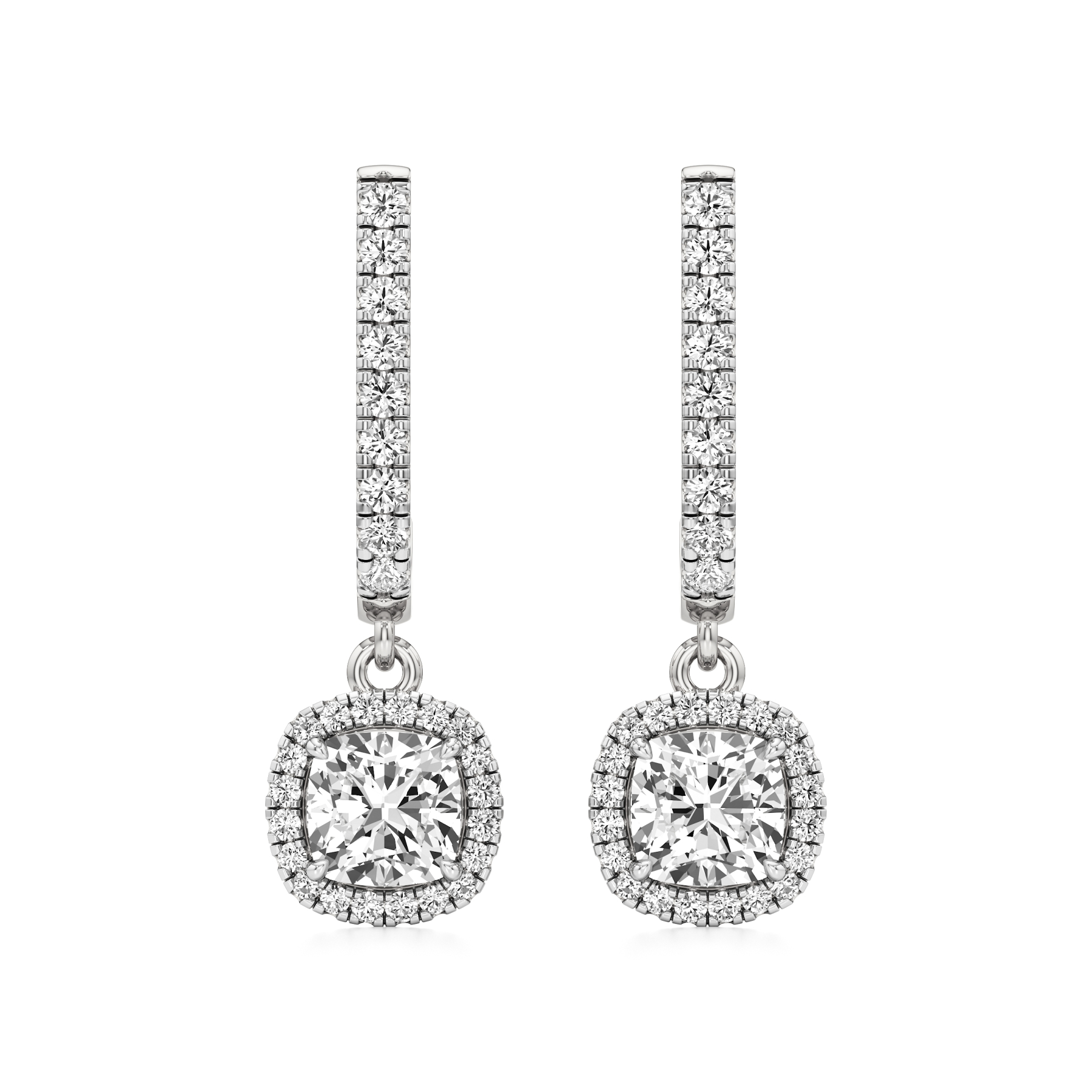 14k White Gold Cushion Halo Dangled Drop Earrings