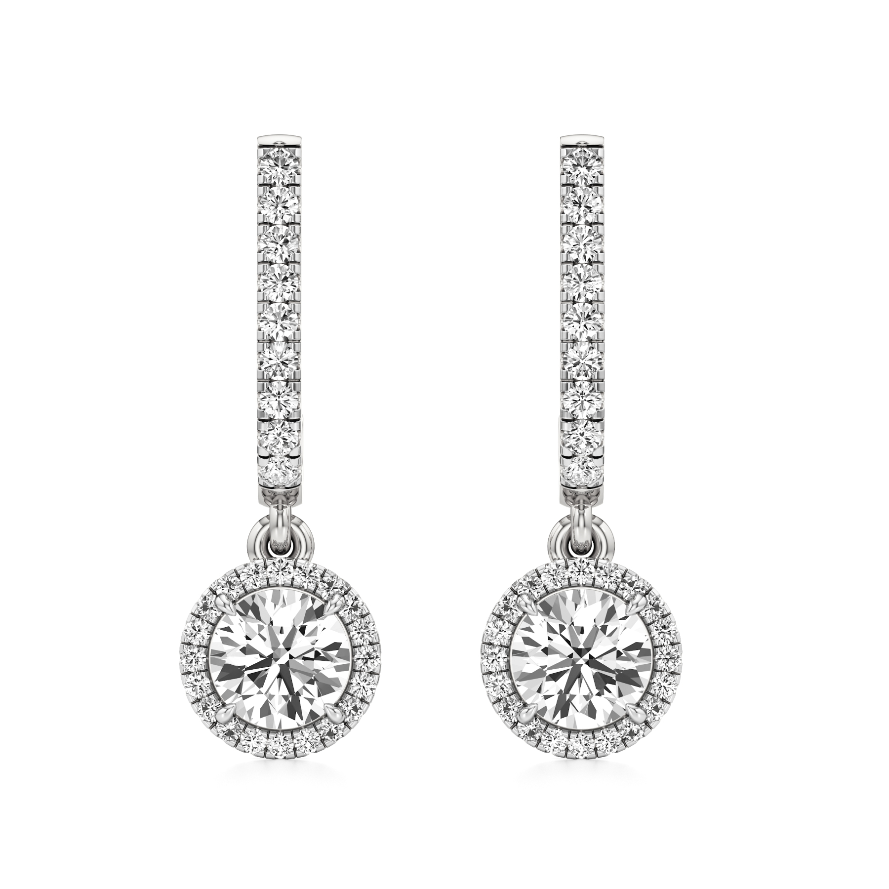14k White Gold Round Halo Dangled Drop Earrings