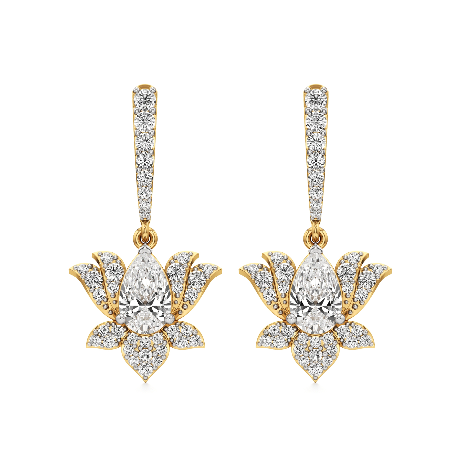 14k Yellow Gold Aarna Bloom Dangled Lotus Diamond Earrings