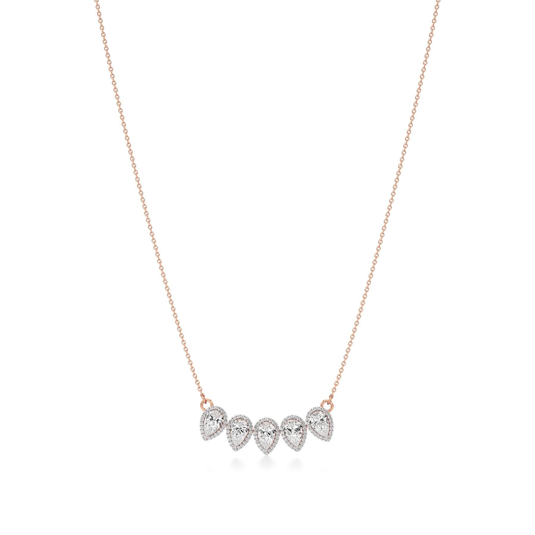 14k Rose Gold Radiant Five Stone Pear Halo Necklace
