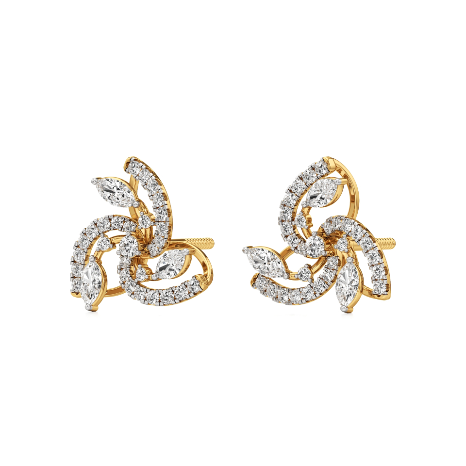 14k Yellow Gold Radiant Floral Swirl Diamond Earrings
