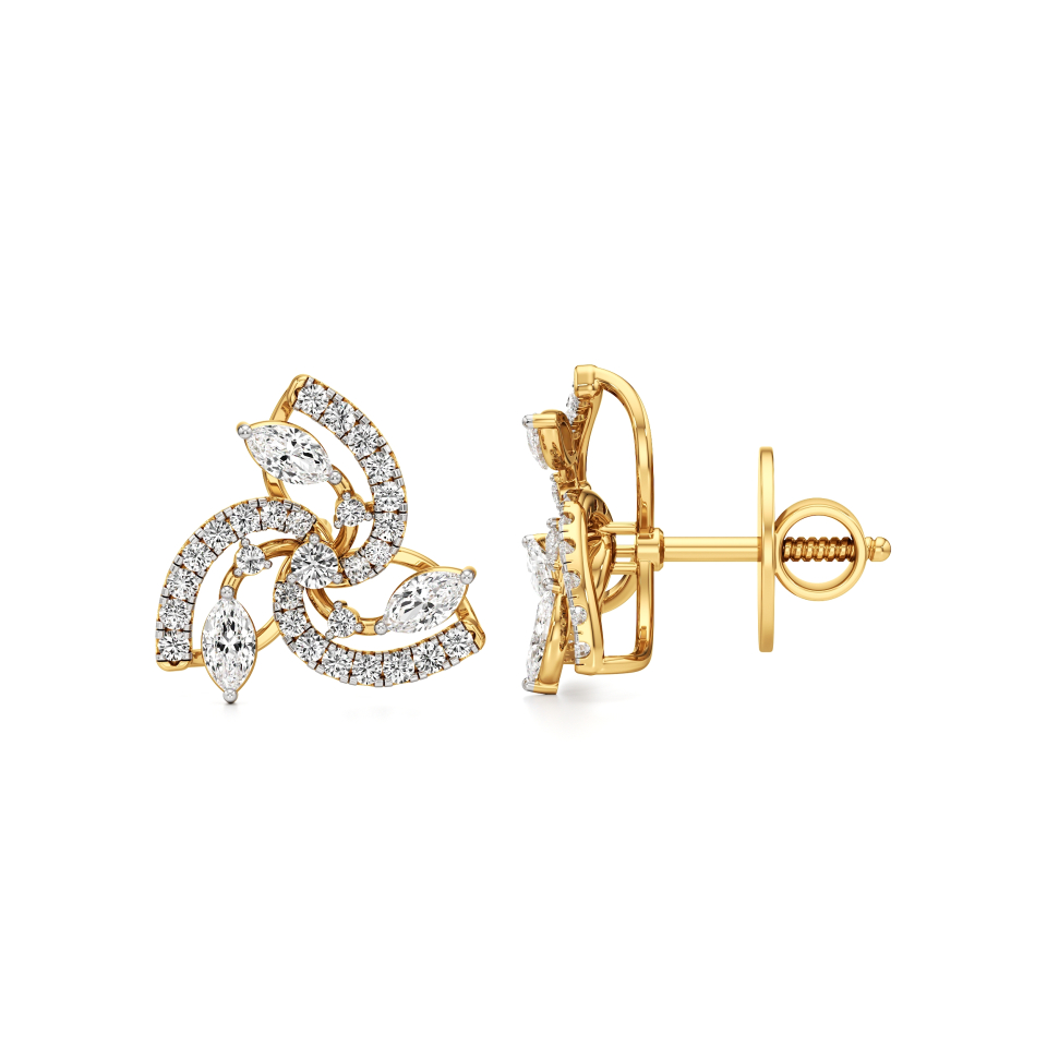 14k Yellow Gold Radiant Floral Swirl Diamond Earrings