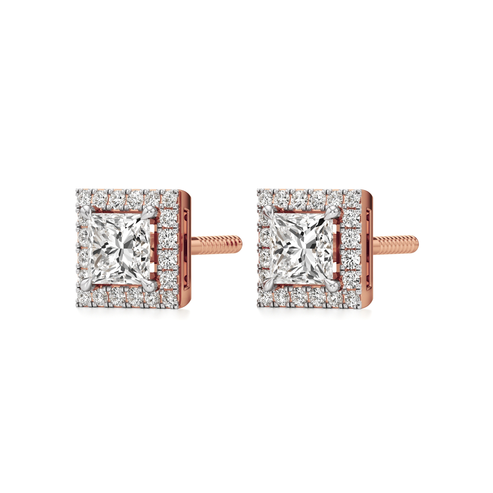 14k Rose Gold Princess Halo Diamond Stud Earrings