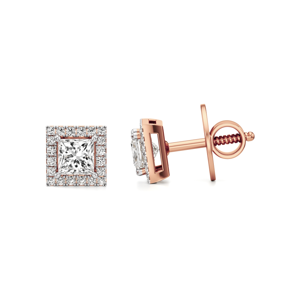 14k Rose Gold Princess Halo Diamond Stud Earrings