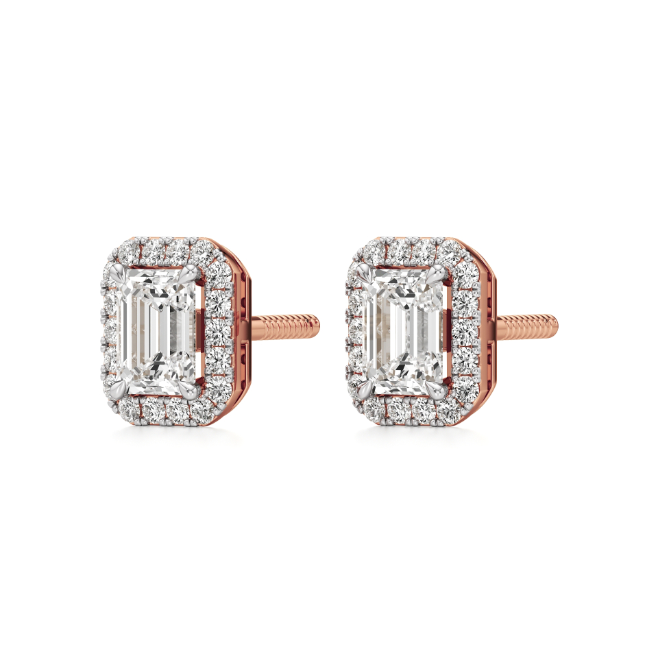 14k Rose Gold Emerald Halo Diamond Stud Earrings