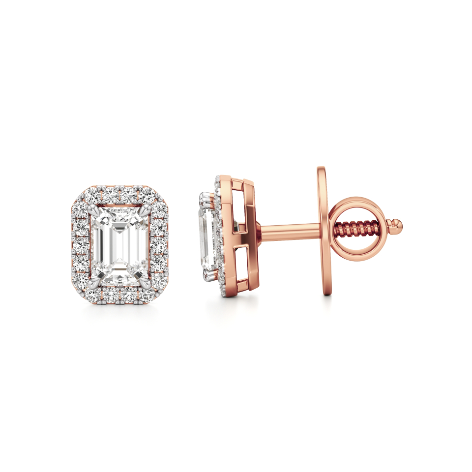 14k Rose Gold Emerald Halo Diamond Stud Earrings