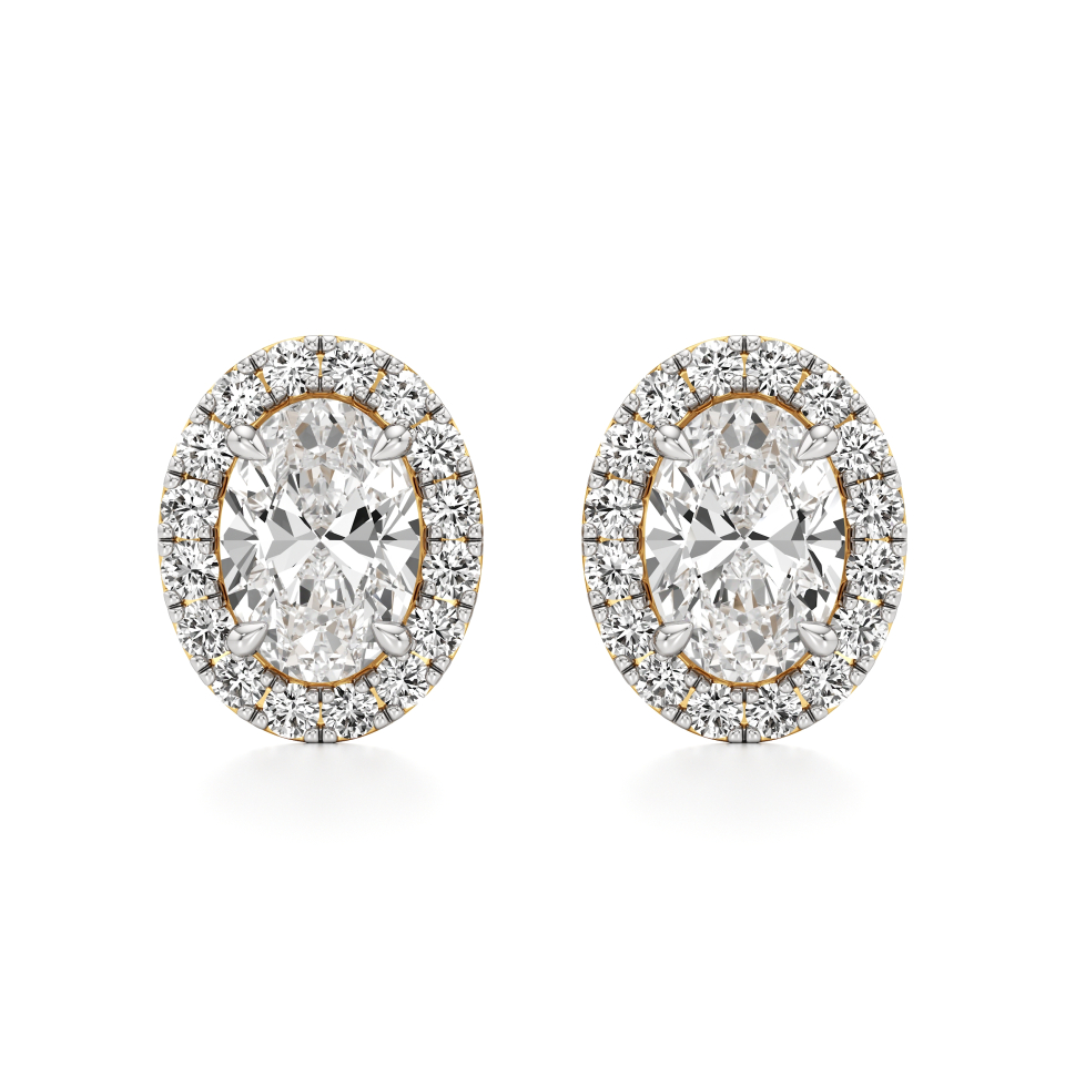 14k Yellow Gold Oval Halo Diamond Stud Earrings