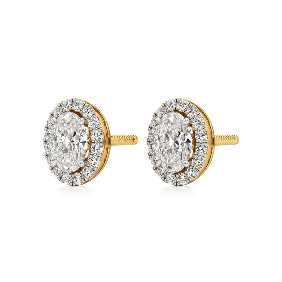 14k Yellow Gold Oval Halo Diamond Stud Earrings