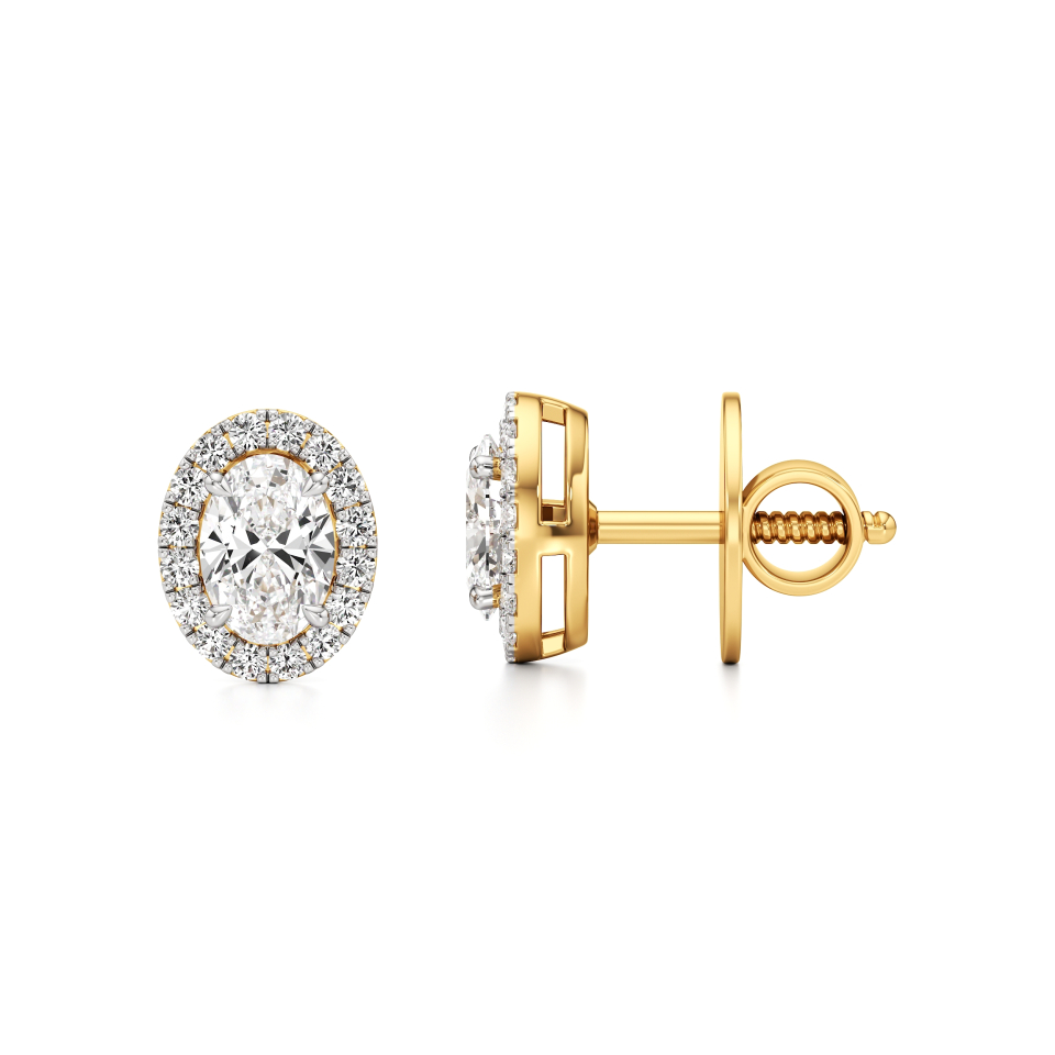14k Yellow Gold Oval Halo Diamond Stud Earrings