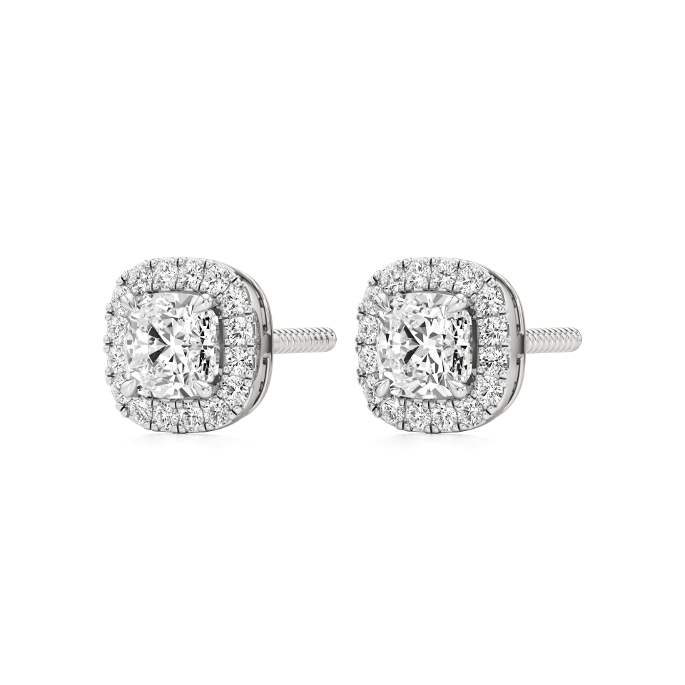 14k White Gold Cushion Halo Diamond Stud Earrings