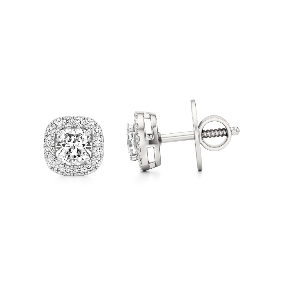 14k White Gold Cushion Halo Diamond Stud Earrings