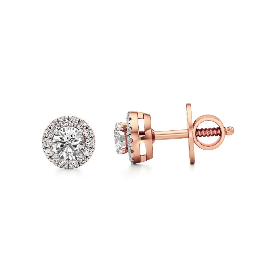 14k Rose Gold Radiant Halo Pop-Up Diamond Stud Earrings