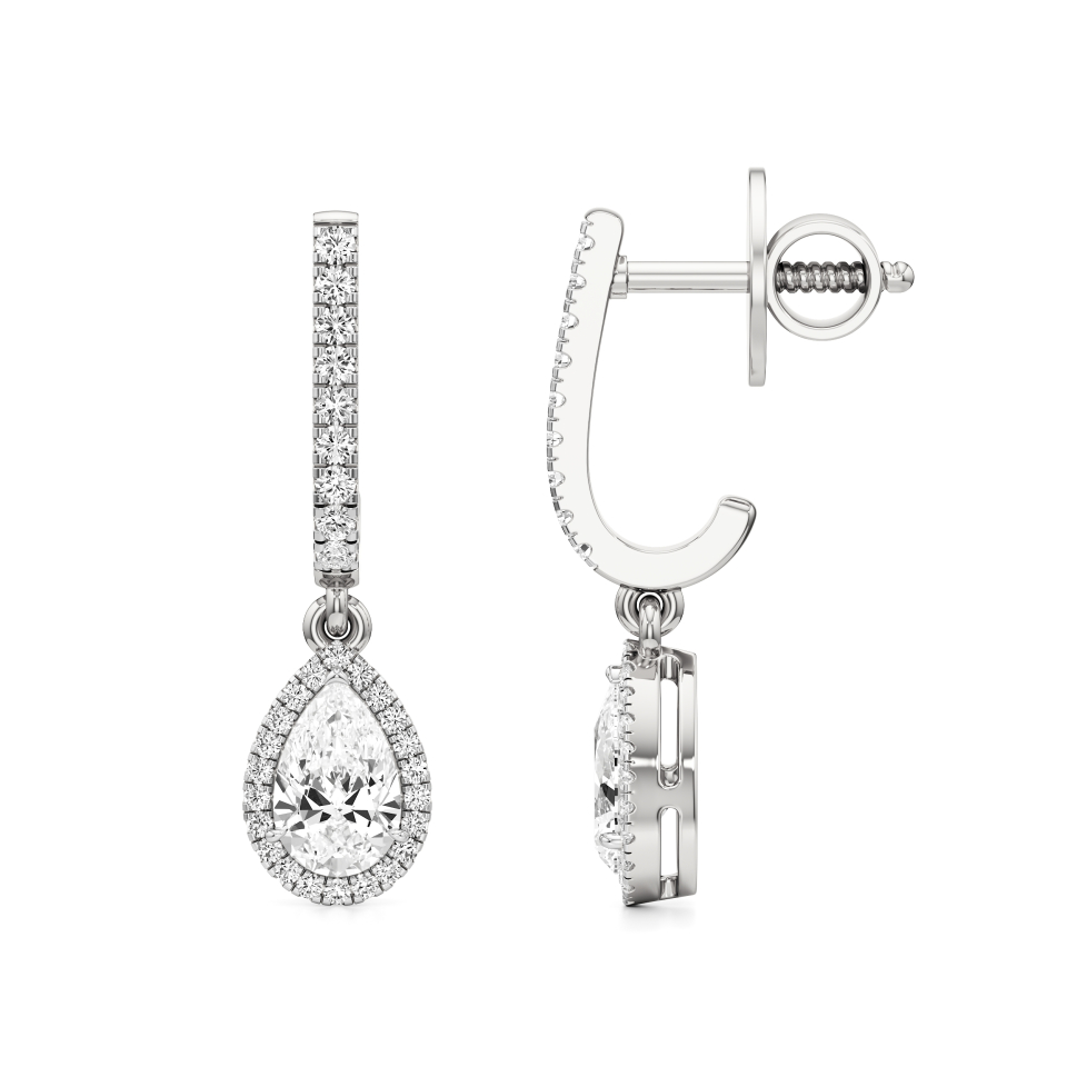 14k White Gold Pear Halo Dangled Drop Earrings
