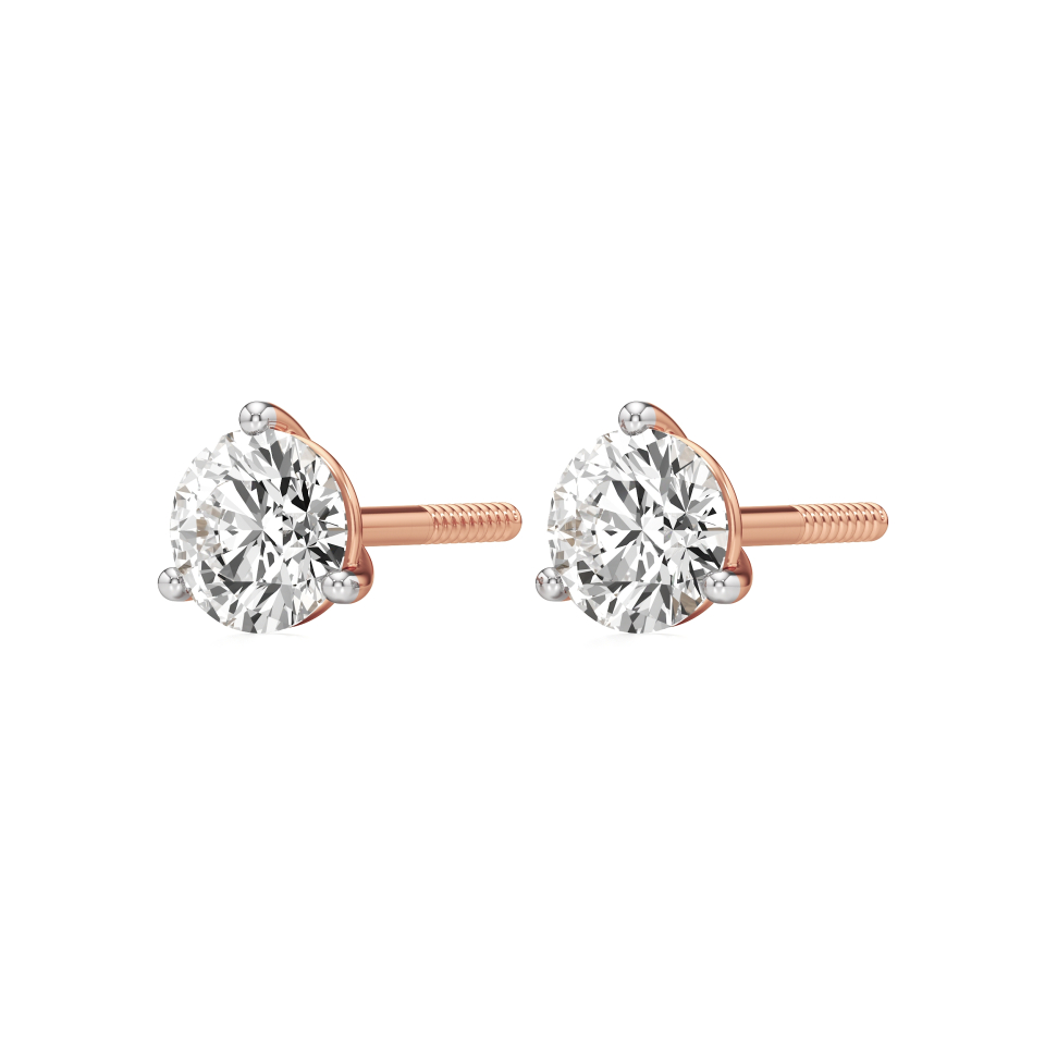 14k Rose Gold Martini Sparkle 3-Prong Diamond Stud Earrings