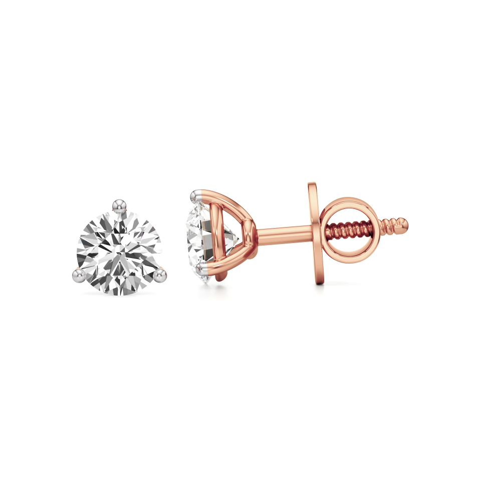 14k Rose Gold Martini Sparkle 3-Prong Diamond Stud Earrings