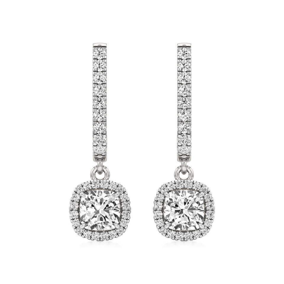 14k White Gold Cushion Halo Dangled Drop Earrings