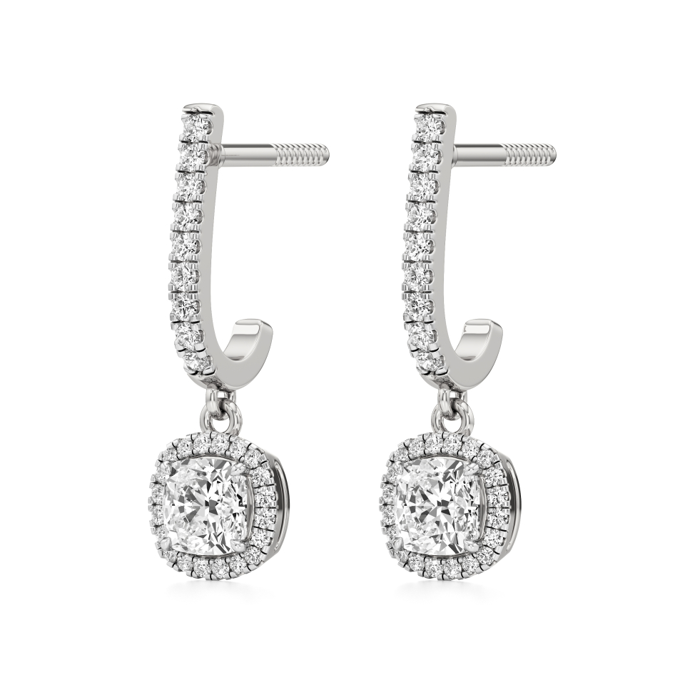 14k White Gold Cushion Halo Dangled Drop Earrings