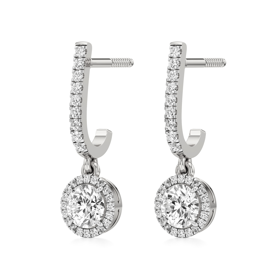 14k White Gold Round Halo Dangled Drop Earrings