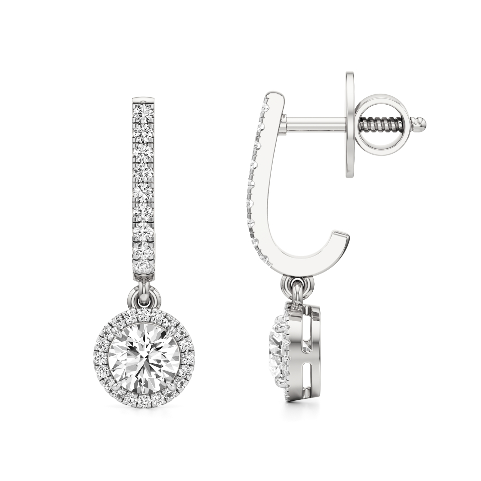 14k White Gold Round Halo Dangled Drop Earrings