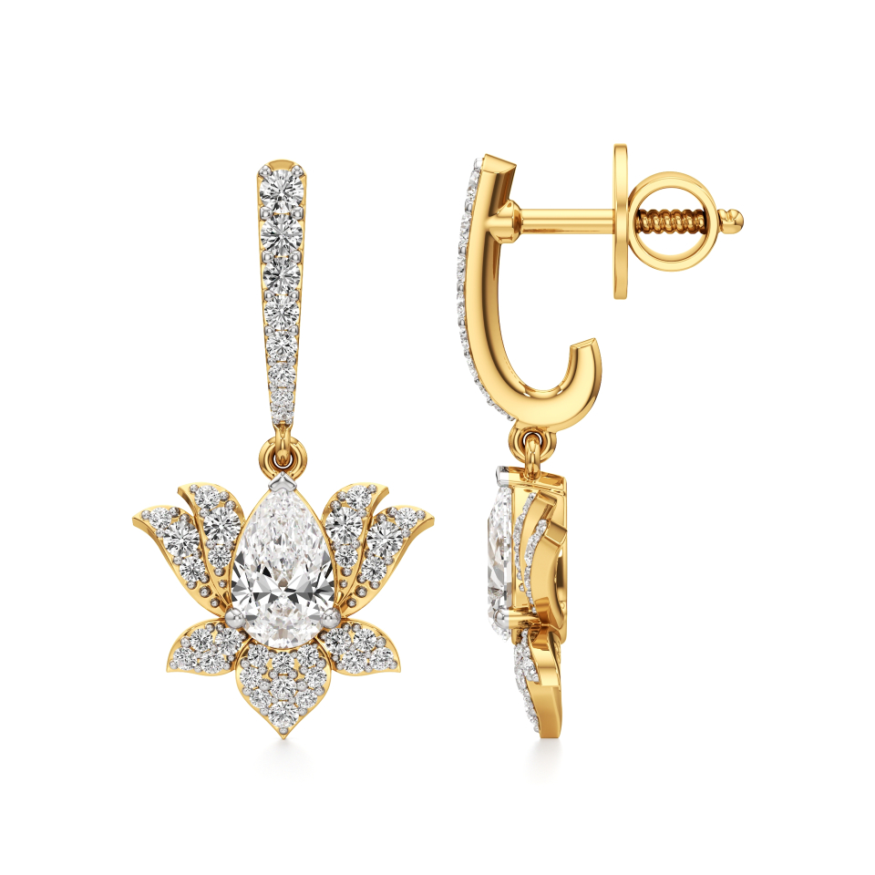 14k Yellow Gold Aarna Bloom Dangled Lotus Diamond Earrings