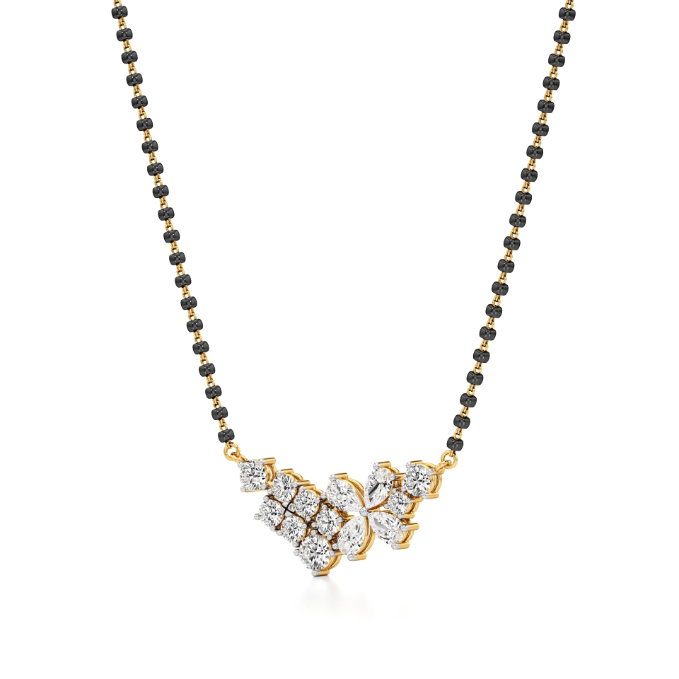 14k Yellow Gold Radiant Cluster Diamond Mangalsutra Necklace