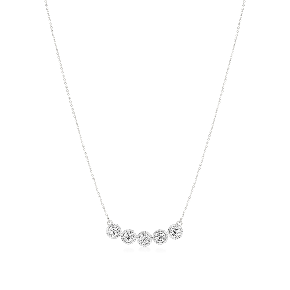 14k White Gold Radiant Five Stone Round Halo Necklace