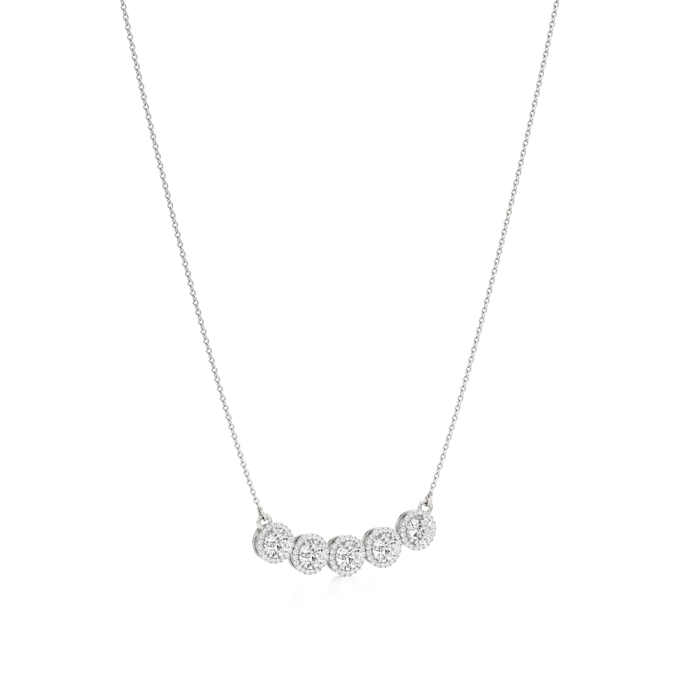 14k White Gold Radiant Five Stone Round Halo Necklace
