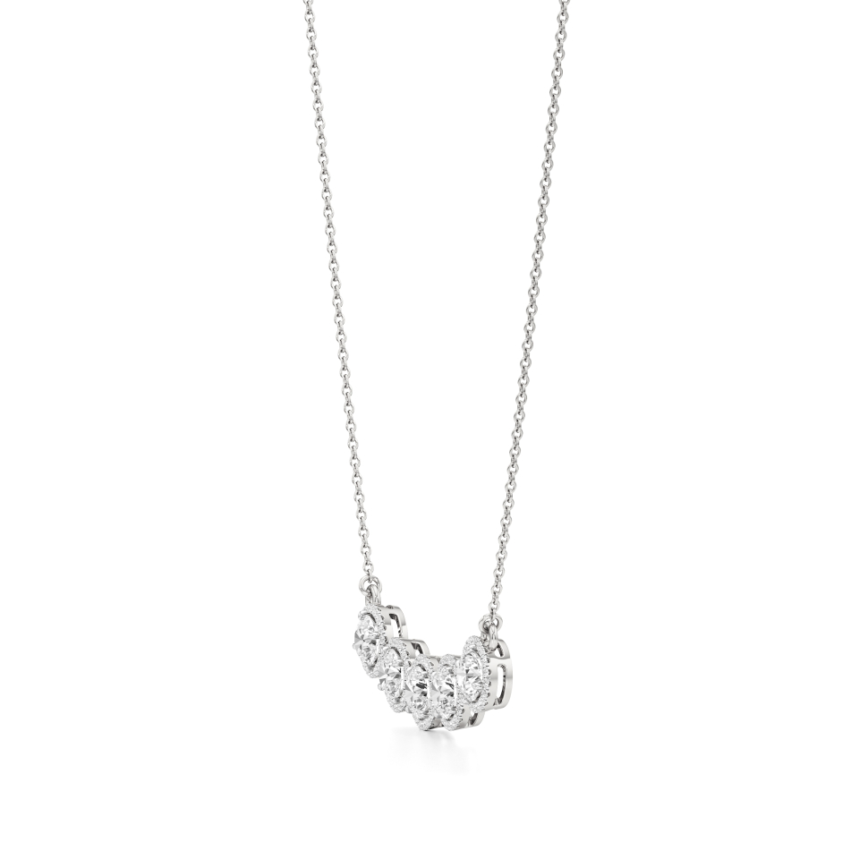 14k White Gold Radiant Five Stone Round Halo Necklace