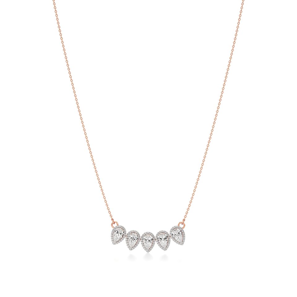 14k Rose Gold Radiant Five Stone Pear Halo Necklace