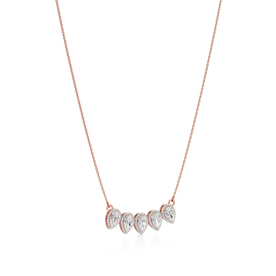 14k Rose Gold Radiant Five Stone Pear Halo Necklace