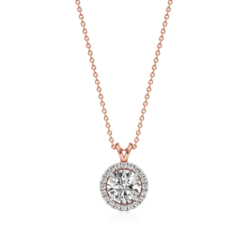 14k Rose Gold Round Radiance Halo Pendant